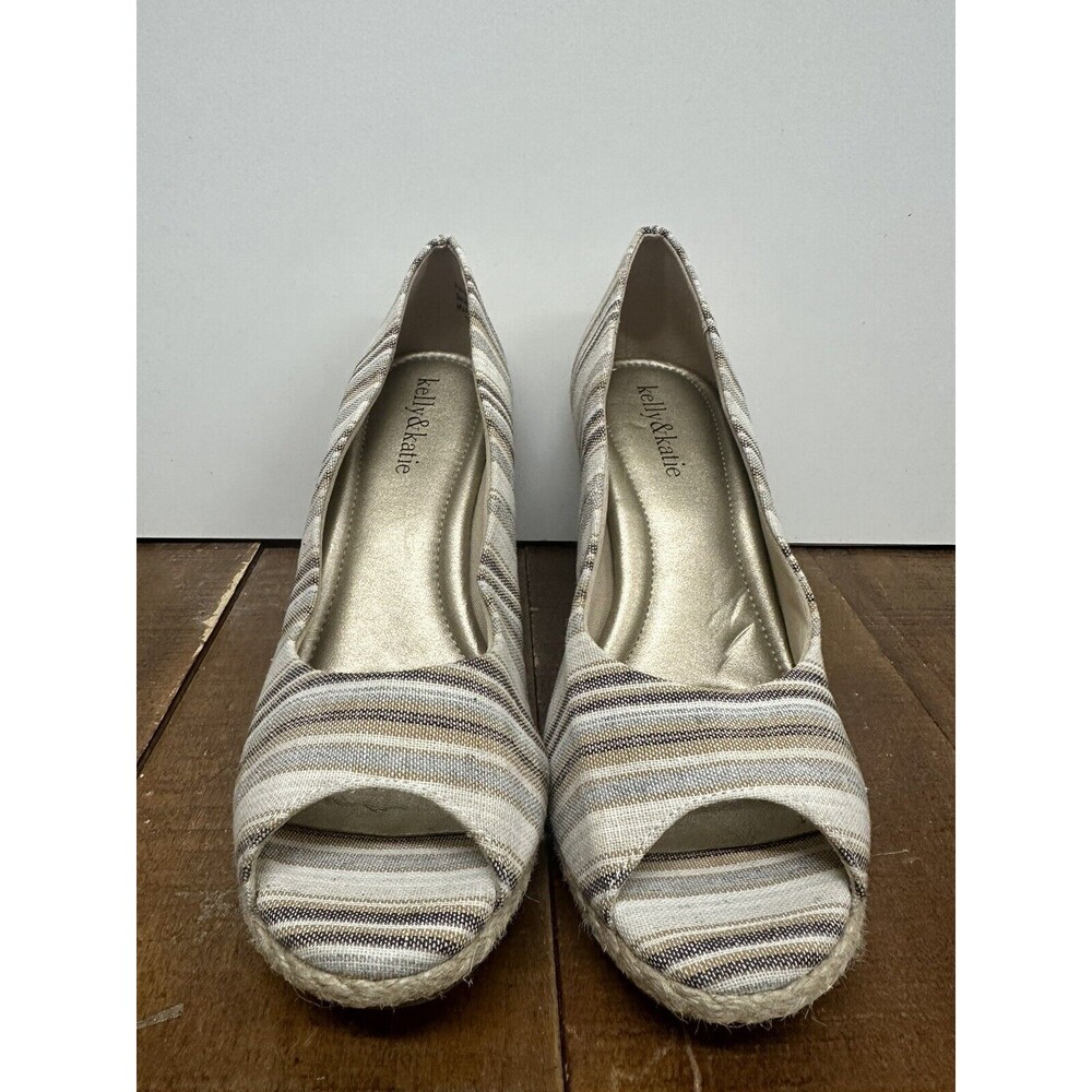 Kelly Katie women size 7.5 fabric open toe wedge  slip on cork shoes